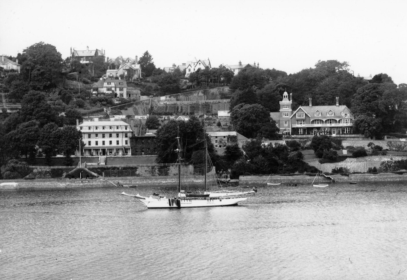 Historic black and white photograph of Cliff House and the Salcombe waterfront